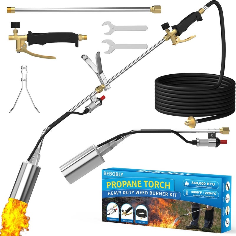 BEBOBLY Propane Torch Weed Burner Kit, Weed Torch High Output 340,000 BTU with 11.5FT Hose, Heavy Duty Blow Torch with Flame Control and Button Igniter, Flamethrower for Weeding, Roofing, Snow Melting, BBQ - Image 1